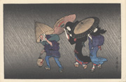 Small Format Reproduction: [After Kitagawa Utamaro's] Two Geisha and Porter in Wind and Rain at Night, from Vol. 2 of the book Flowers of the Four Seasons